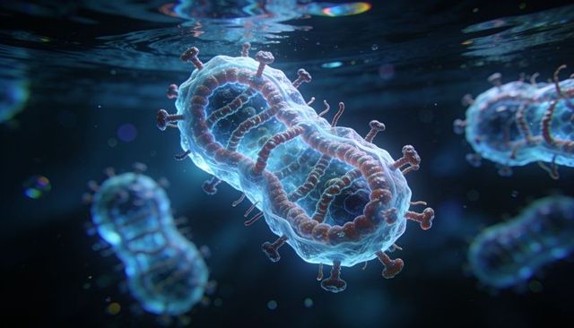 Enveloped virus dividing and showing helical rna with surface spikes floating in fluid
