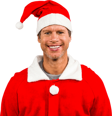 Smiling Man in Santa Costume with White Fur and Red Cap