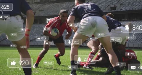 Rugby Player Charging with Social Media Engagement Icons