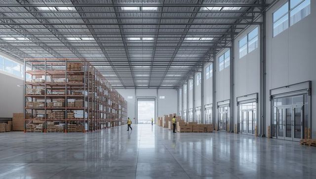 Spacious Modern Warehouse with Worker Walking by Industrial Shelving Racks