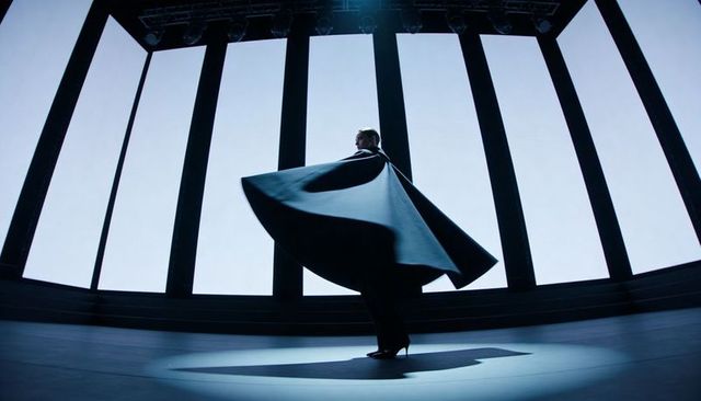 Spinning performer twirling dramatic cape on curved stage with towering backlit panels