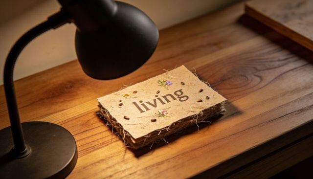 Plantable seed paper card printed 'living' on wooden desk under warm lamp eco stationery