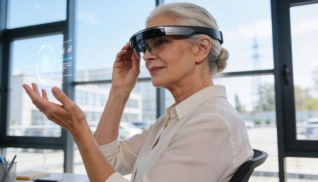 Senior woman adjusting mixed reality headset and interacting with holographic interface