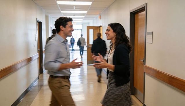 Greeting coworkers in office corridor sharing warm conversation and smiles