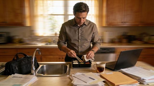 Professional man preparing bento lunch at kitchen counter with laptop and paperwork