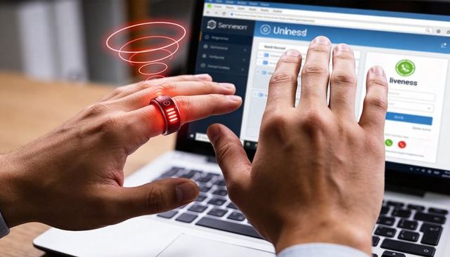Biometric ring authenticating user via laptop liveness UI with holographic red signal