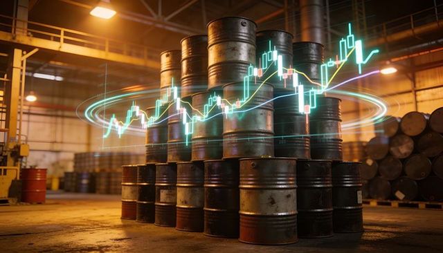 Rusty oil barrels stacked in industrial warehouse with candlestick market chart overlay