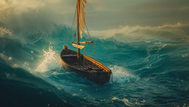Wooden Sailboat Braving Powerful Ocean Waves at Sunset