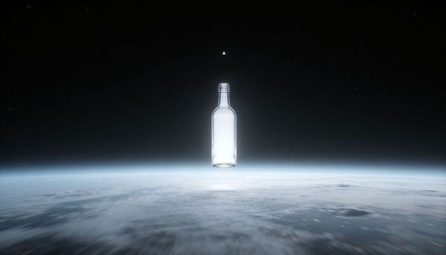 Glass Bottle Floating Above Earth Limb with Atmospheric Glow and Urban Lights at Night