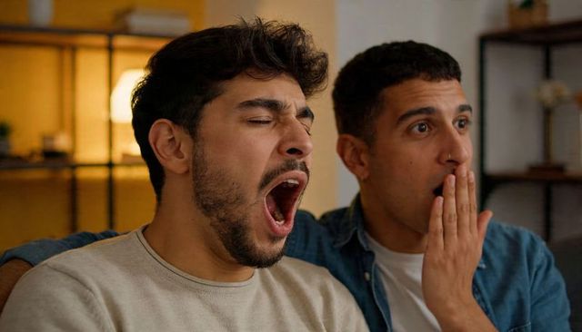 Young men yawning and reacting with surprise while watching tv on cozy couch