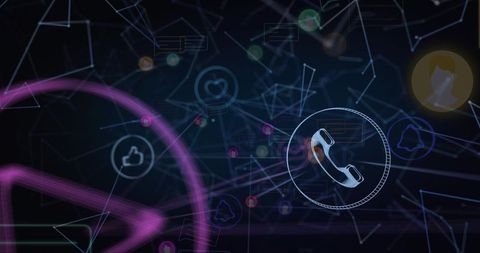Pulsing neon call alert visualization featuring play arrow and social network icons