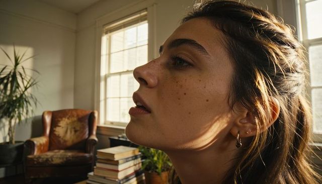 Sunlit profile of young woman with freckles and hoop earring in cozy study with books