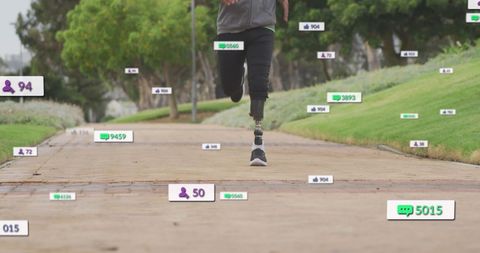 Active Lifestyle: Amputee with Prosthetic Leg Running in Park with Digital Notifications - Download Free Stock Images Pikwizard.com