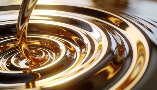Pouring golden liquid forming spiral swirl closeup with glossy metallic ripples luxury texture