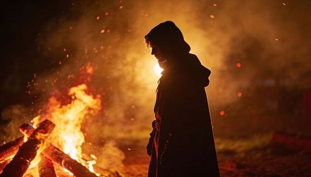 Standing hooded figure by blazing bonfire at night, dramatic silhouette with sparks and smoke