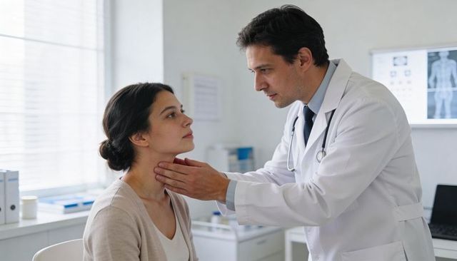 Doctor examining patient neck during routine checkup in bright clinic office