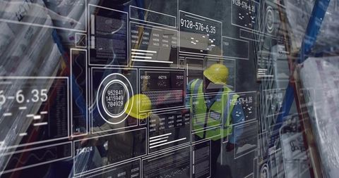 Two warehouse staff checking inventory with augmented reality HUD for smart logistics