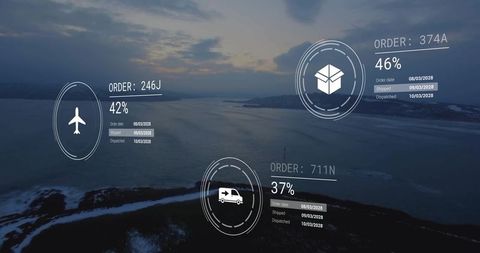 Augmented reality logistics hud displaying order progress over coastal drone dusk view