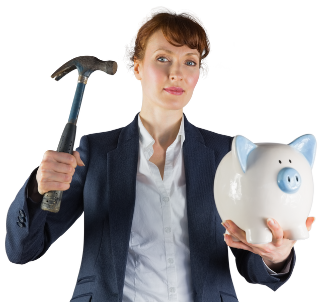 Businesswoman Holding Hammer and Piggy Bank Transparent Background - Download Free Stock Videos Pikwizard.com