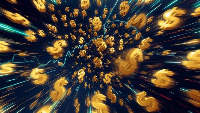 Rushing golden dollar symbols with teal market streaks conveying high-speed financial flow