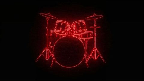Glowing neon drum kit sign on dark wall
