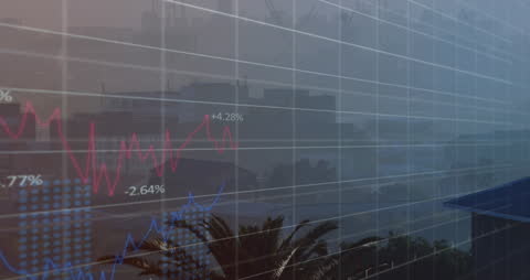 Dynamic Stock Market Graphs Overlaying Cityscape