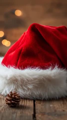 Vertical video filming velvet Santa hat close-up on rustic wood with warm bokeh lights