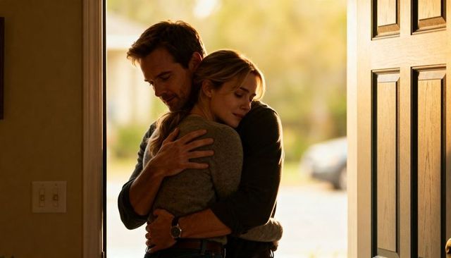 Couple embracing at front door during golden hour warmth and intimacy
