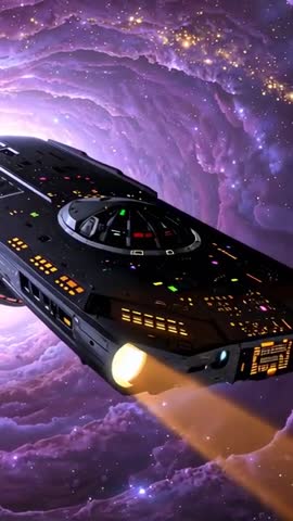 Starship Entering Purple Vortex Vertical Video Engines Firing Amber Beams