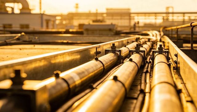 Parallel rooftop industrial pipes with u-bolt clamps leading into golden sunset light