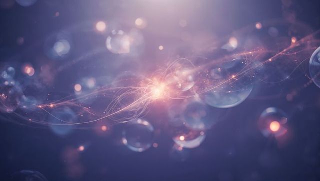 Glowing energy filament emitting looping light trails and sparks among violet spheres