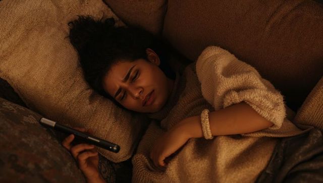 Reclining woman holding remote and looking upset on sofa in warm low light cozy ambience