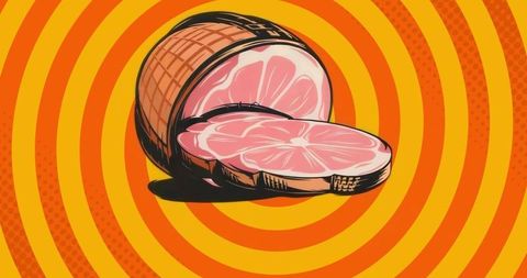 Halved pink citrus on vibrant geometric background