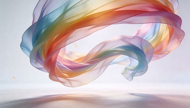 Ethereal pastel chiffon ribbon floating in soft light, translucent color swirl