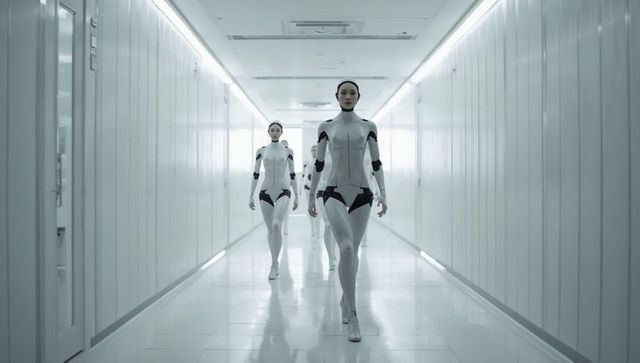 Female android operatives walking down sterile futuristic corridor in precise formation