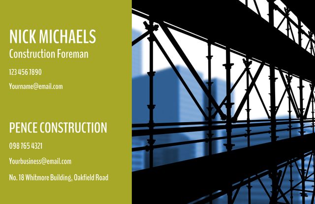 This business card features the contact details of a construction foreman alongside a striking cityscape and steel framework background. Ideal for construction industry professionals who seek to make a strong, professional impression. Perfect for networking events, client meetings, or as part of a marketing strategy in urban development projects.