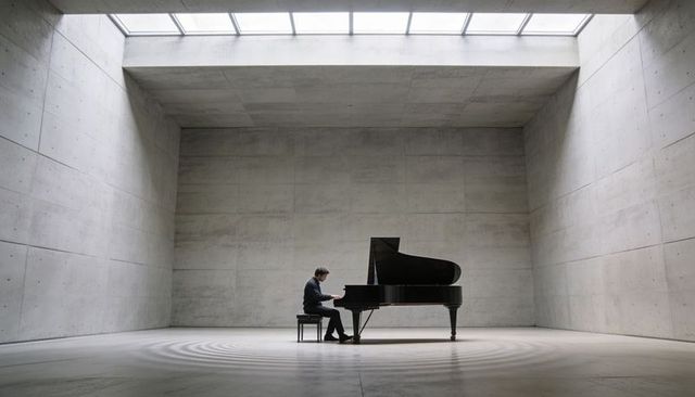 Solitary pianist performing on grand piano in minimalist concrete hall with skylight