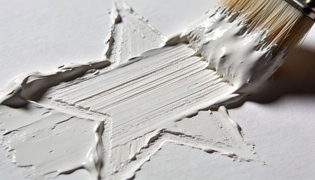 Flat brush spreading thick white paint into textured star with glossy ridged strokes