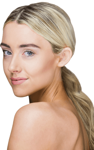 Transparent portrait of smiling blonde woman looking backwards