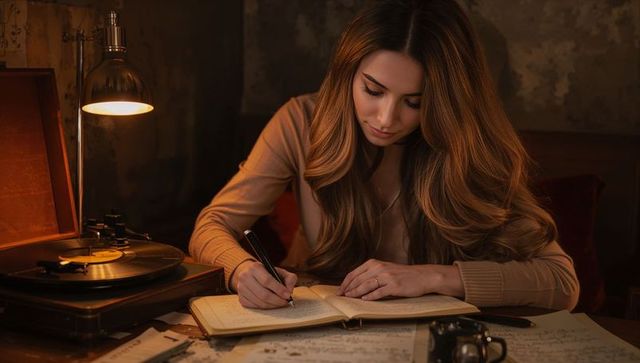 Young woman writing in journal by warm lamp and vintage turntable, cozy moody study