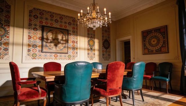 Sunlit opulent dining room with teal leather and red velvet chairs under crystal chandelier