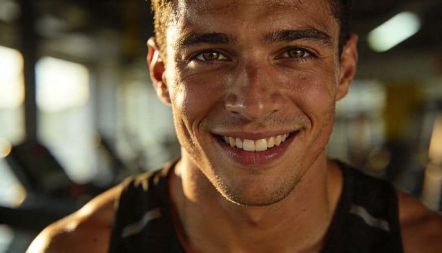 Smiling male athlete facing camera intense cardio workout at gym with confident smile