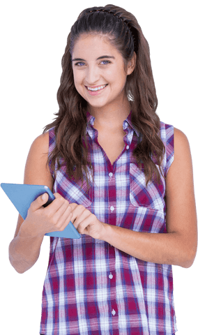 Smiling Young Woman Holding Tablet in Plaid Shirt on Transparent Background - Download Free Stock Videos Pikwizard.com