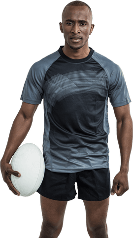 Transparent Portrait of Confident Rugby Player Holding Ball with Determination