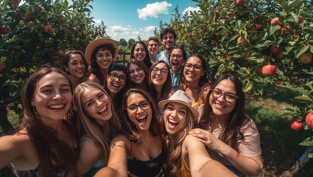 Smiling friends posing for wide selfie in sunlit apple orchard during harvest celebration