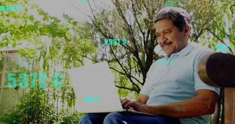 Senior man typing on laptop on garden bench with teal data overlay and copy space