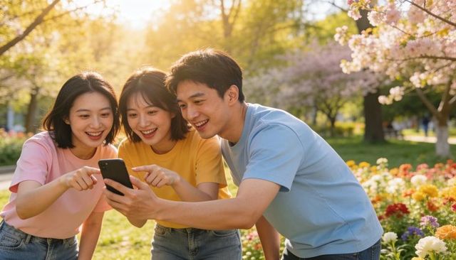 Friends laughing and sharing smartphone, pointing at screen in sunlit flower park