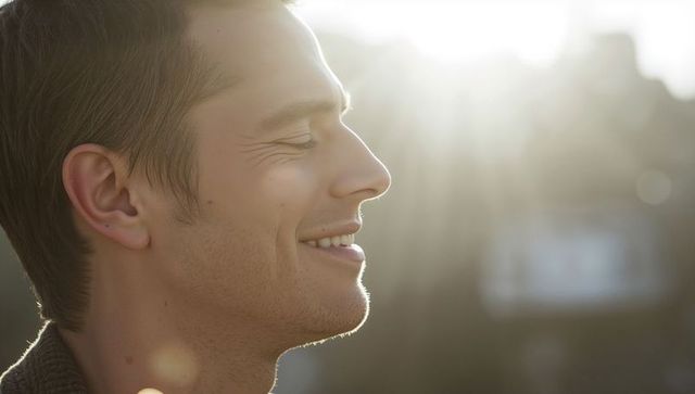 Smiling man basking in warm urban backlight with lens flare rimlight and bokeh portrait