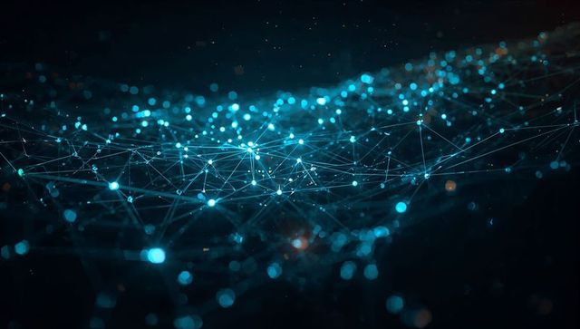 Glowing Neon Digital Network Landscape in Dark Virtual Space