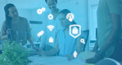 Diverse Team Collaborating in Futuristic Digital Workplace